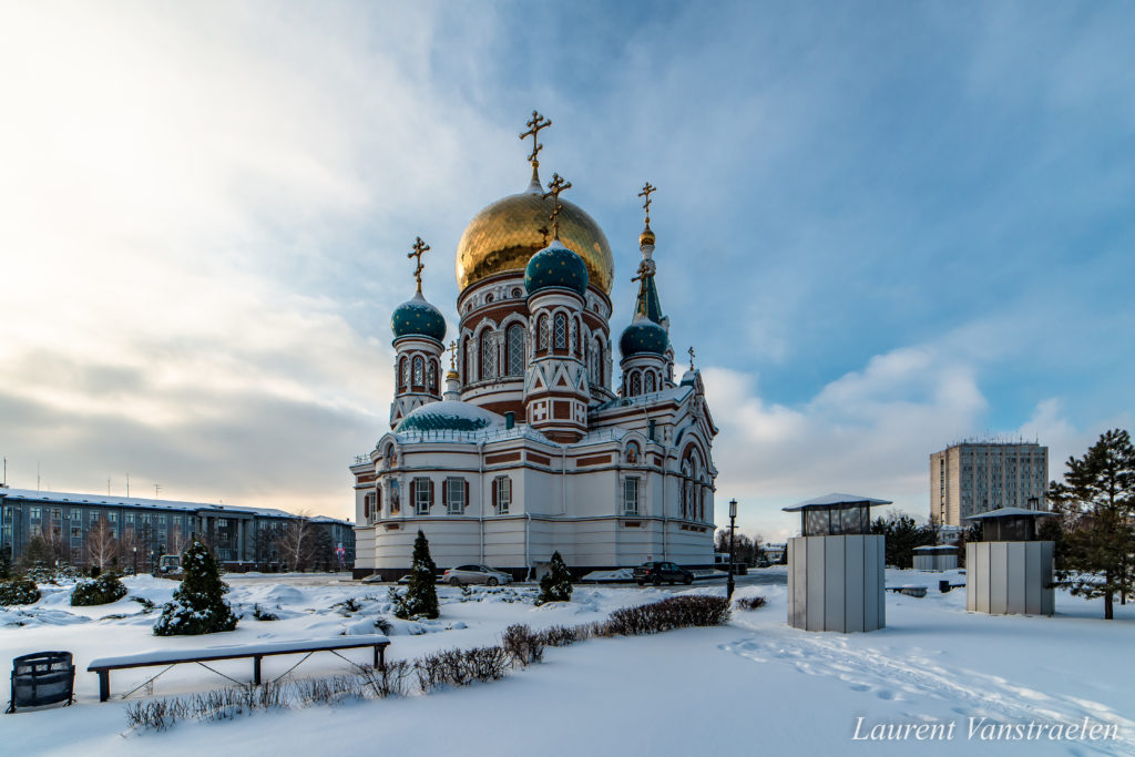 Dormition Cathedral in Omsk surrounder by snow during the winter