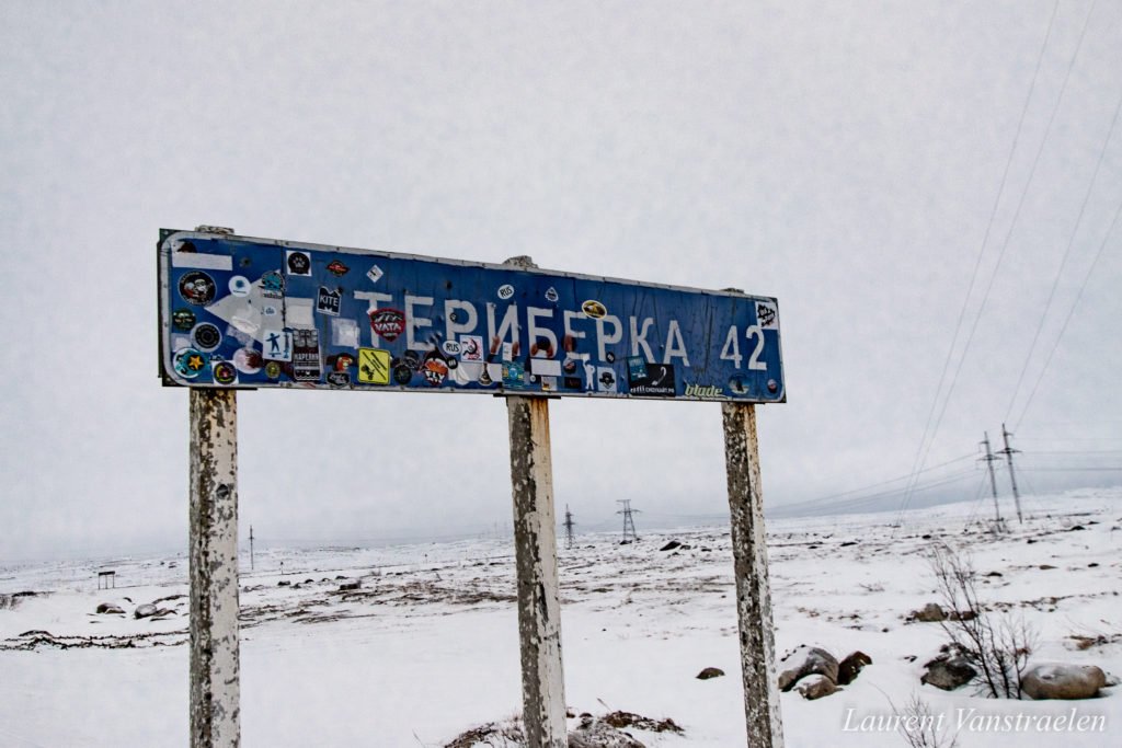 Teriberka signs in the middle of nowhere during a snowy winter day 