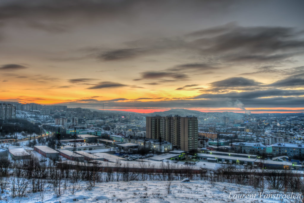 Panoramic view of Murmansk during the Polar night in December