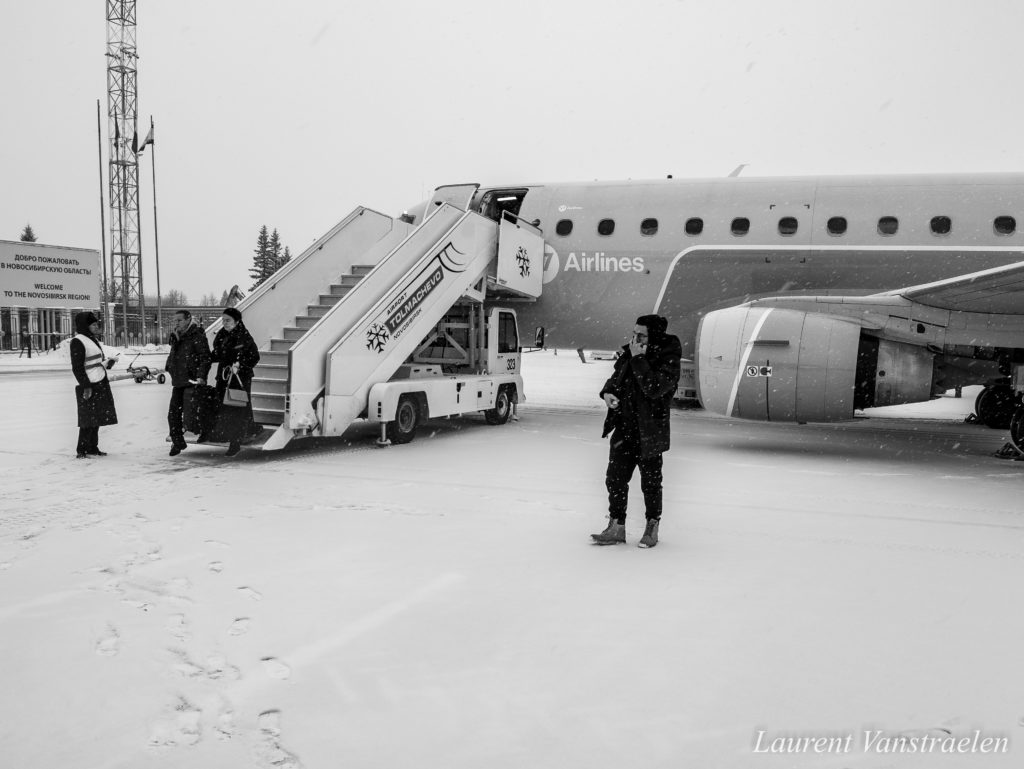 S7 plane on the snowy ground at the Novosibirsk aiport in Siberia