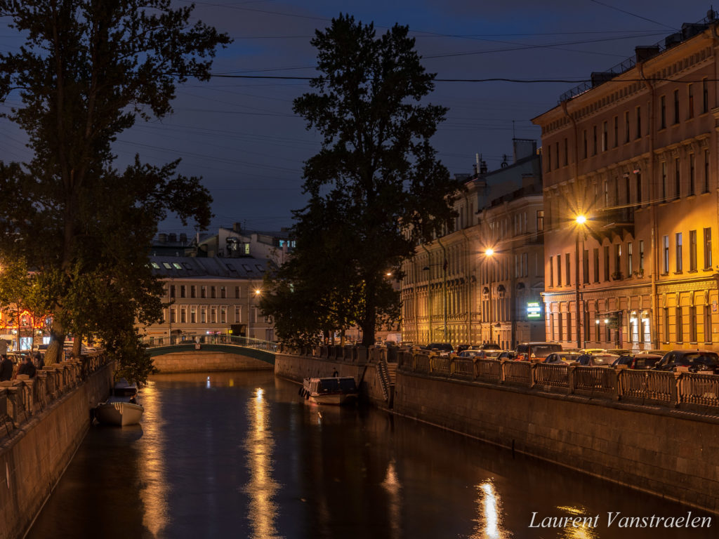 Bridge over a canal in Saint Petersburg during the night