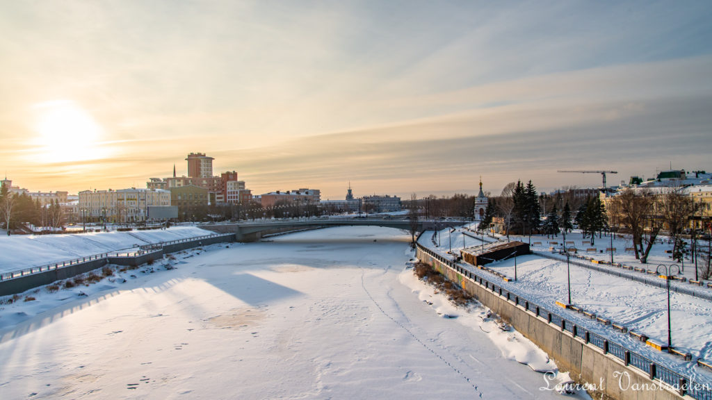 Picturesque view of the frozen Om river in Omsk