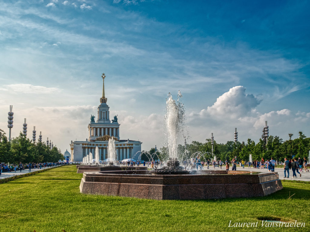Small fountains in VDNKh during a sunny afternoon